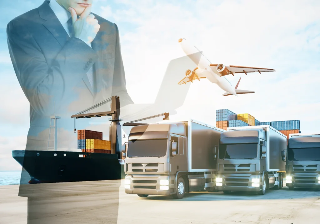 Przedsiębiorca z laptopem analizujący globalną logistykę i transport