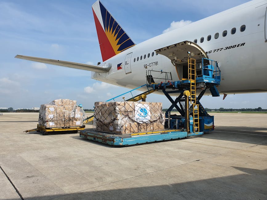 Proces załadunku towarów do samolotu cargo na lotnisku